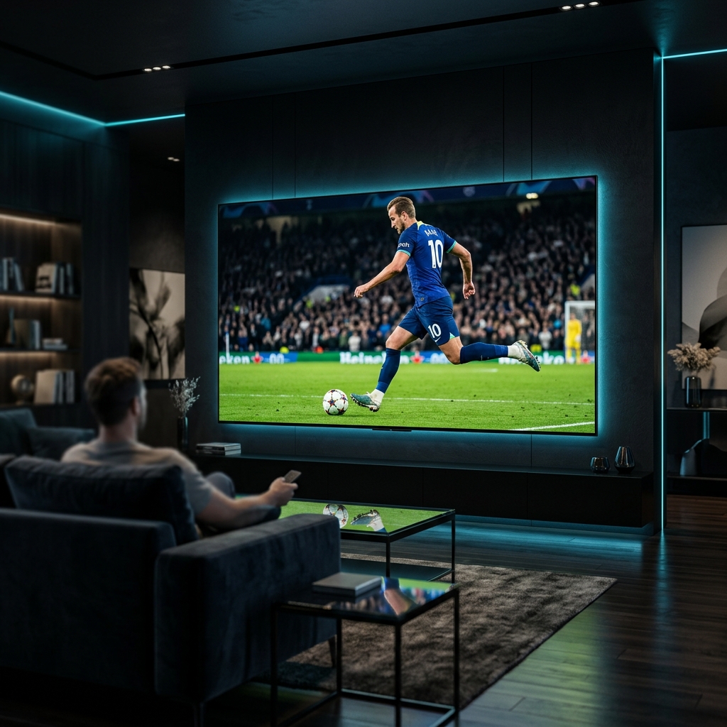 Cinematic ultra-realistic scene of a top-rated IPTV streaming experience, a modern luxurious living room with a large ultra-HD screen perfectly centered, the screen displays a single focused visual element of a live sports moment (a football player in action under stadium lights), representing high-quality live streaming and entertainment diversity, one main subject only, no multiple elements emphasized, all visuals strictly contained inside the screen with no elements escaping outside, no overlays, no interfaces, no holograms, no external effects, deep black environment with elegant neon accents in #00BCD4, soft ambient lighting, realistic reflections on glossy surfaces, depth of field, subtle motion blur, ultra detailed, 4K quality, cinematic lighting, minimal and balanced composition, futuristic premium aesthetic, visually striking and eye-catching